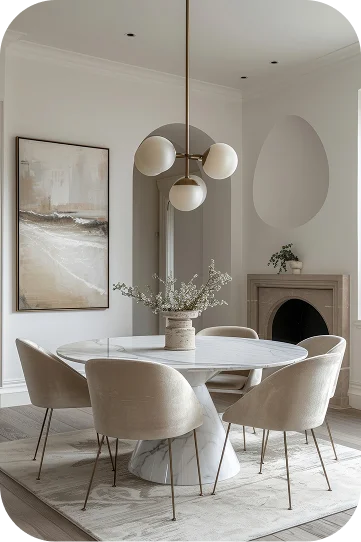 Elegante eetkamer met een marmeren tafel, gestoffeerde stoelen, een moderne kroonluchter en een decoratieve open haard, die een verfijnde en chique interieur sfeer creëert.