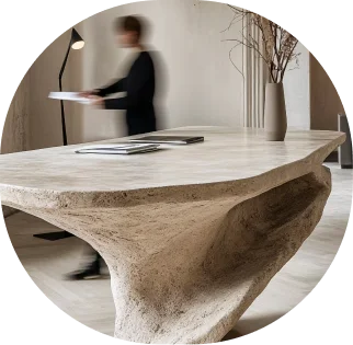 Luxe interieur met een sculpturaal tafel van natuursteen met organische vormen, dat hedendaagse ambacht en minimalistisch ontwerp toont.